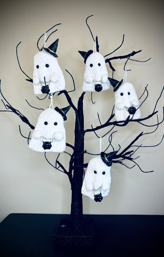 Witch themed crochet ghost hanging decorations
