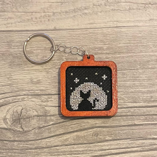 Cat and Moon cross stitch keychain