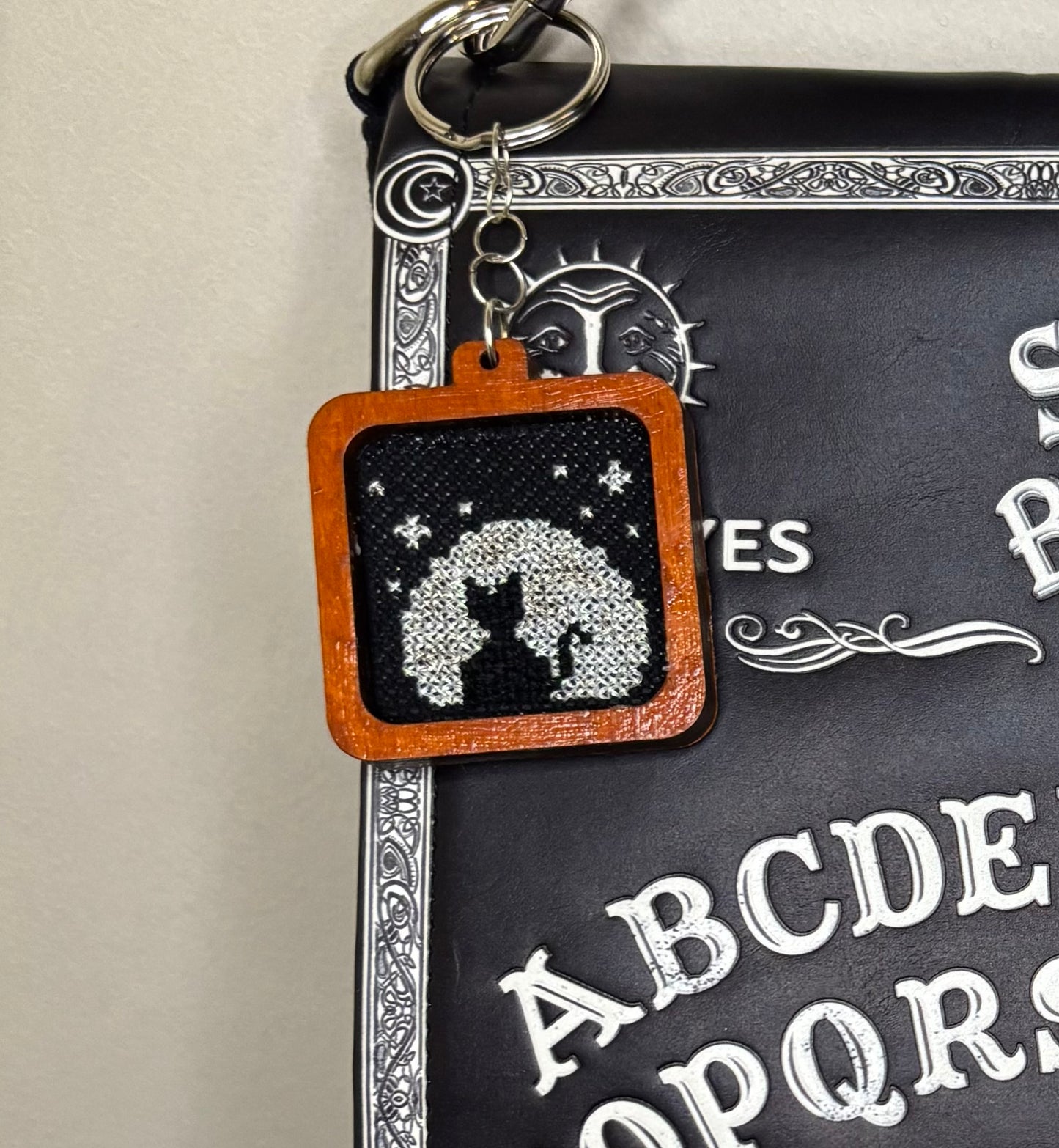 Cat and Moon cross stitch keychain