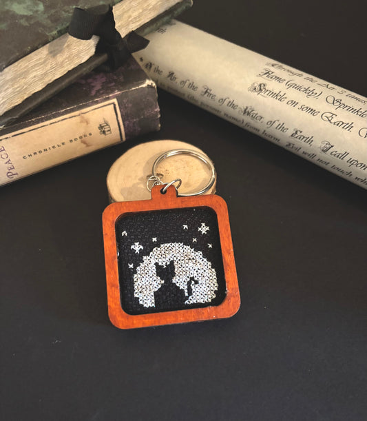 Cat and Moon cross stitch keychain