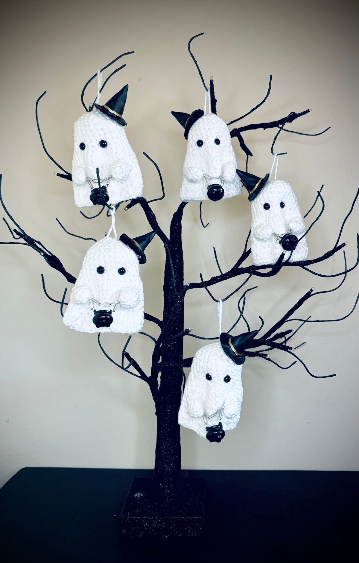 Witch themed crochet ghost hanging decorations