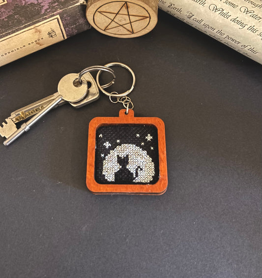 Cat and Moon cross stitch keychain