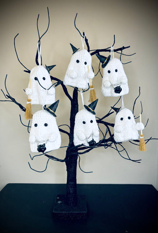 Witch themed crochet ghost hanging decorations