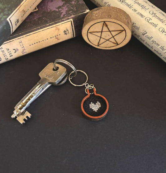 Mini heart cross stitch keychain