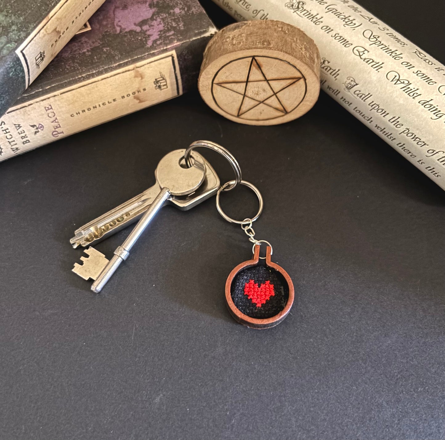 Mini heart cross stitch keychain