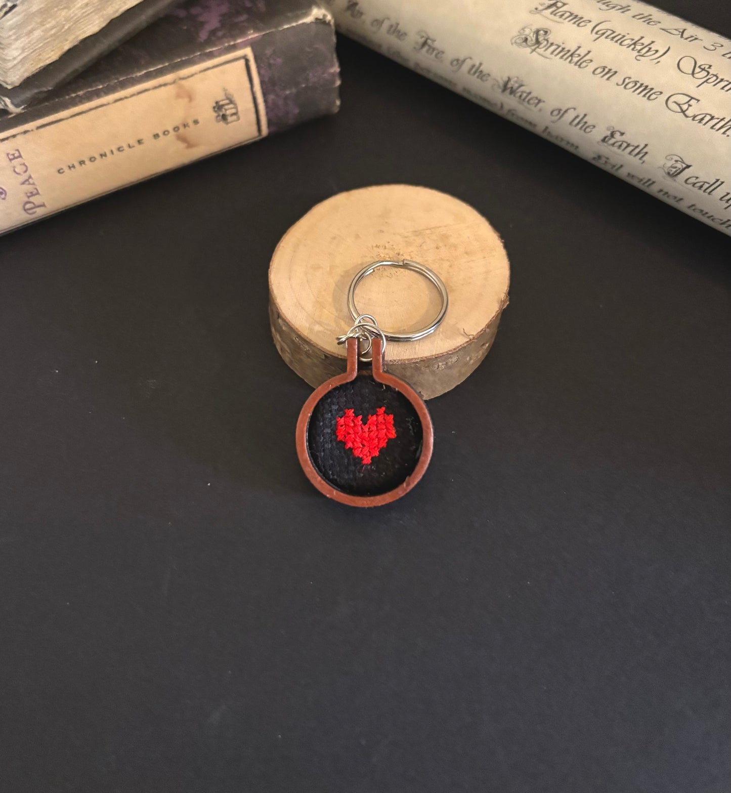 Mini heart cross stitch keychain