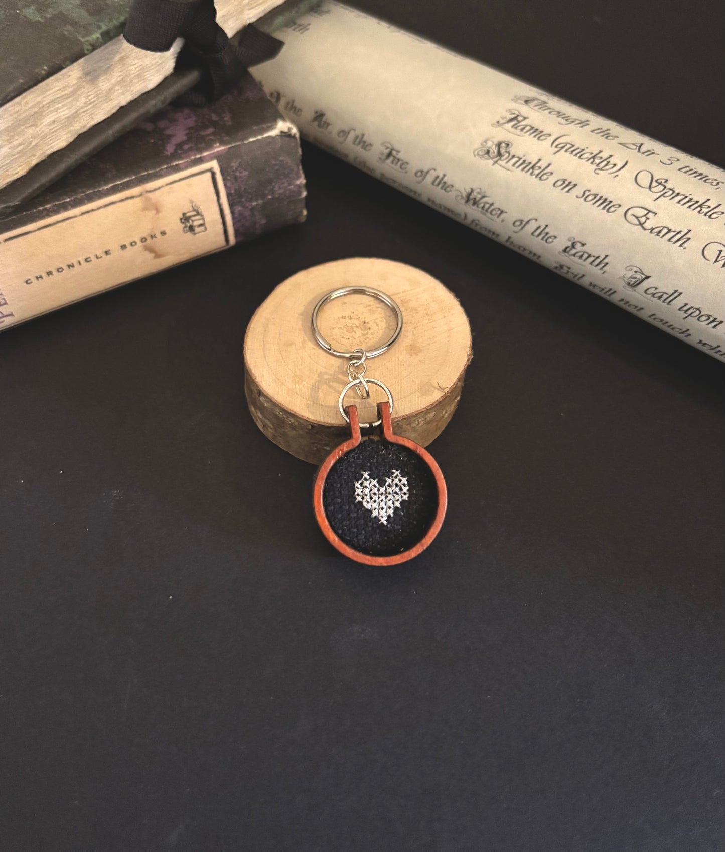 Mini heart cross stitch keychain