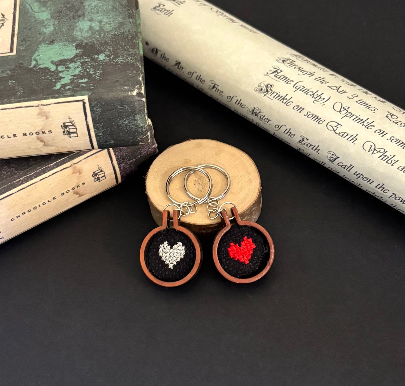 Mini heart cross stitch keychain